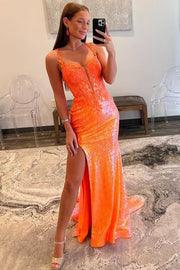 Orange Straps Mermaid Appliques Side Slit Glitter Long Prom Dress