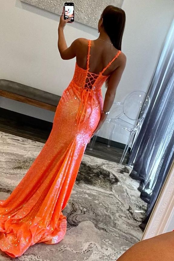 Orange Straps Mermaid Appliques Side Slit Glitter Long Prom Dress