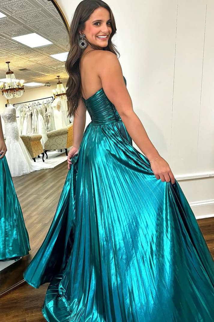 A-Line Strapless Keyhole Pleated Metallic Long Prom Dress with Slit