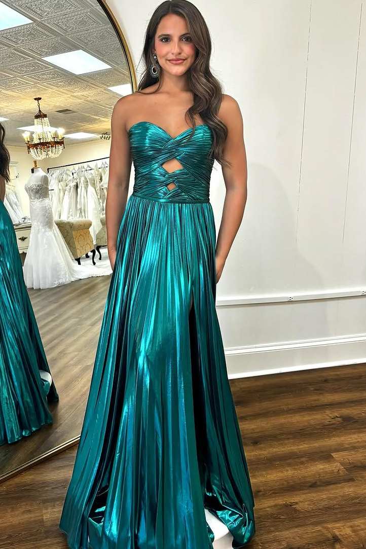 A-Line Strapless Keyhole Pleated Metallic Long Prom Dress with Slit