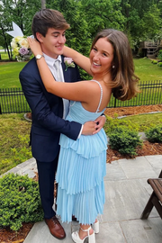 Elegant Blue Straps with Pearls Tiered Chiffon Long Prom Formal Dress