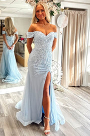 Off-Shoulder Mermaid Appliques Sweetheart Prom Dress with Slit