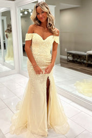 Off-Shoulder Mermaid Appliques Sweetheart Prom Dress with Slit