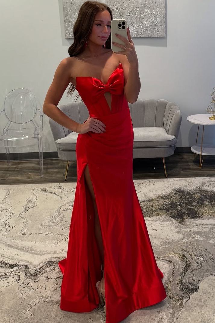 Strapless V-Neck Bow Satin Pleated Side Slit Long Prom Dress  Modsele