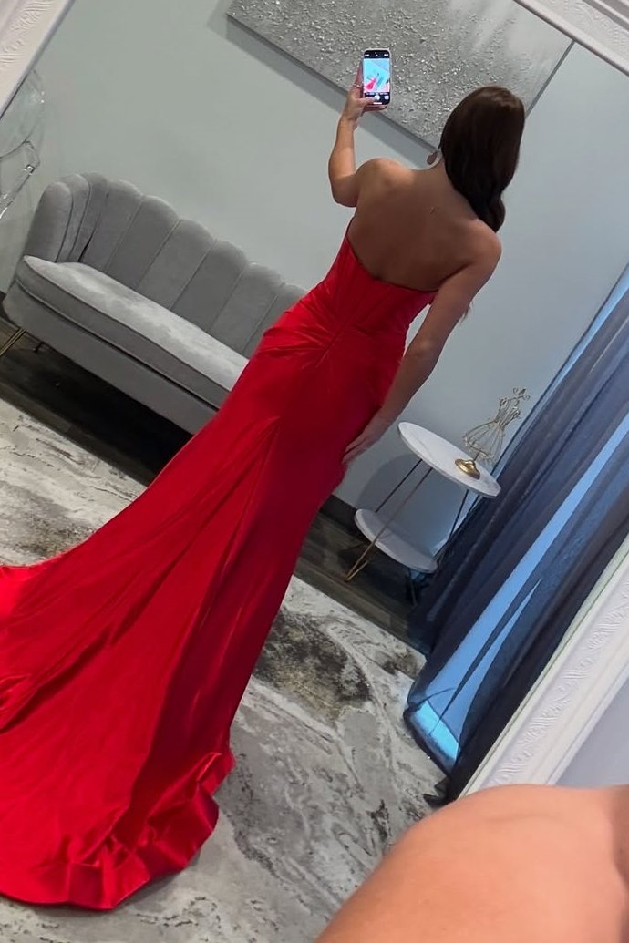 v prom dress md Charming Straps V-neck Red Bodice Prom Dress Evening Gown with Slit