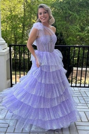 One Shoulder Lilac A-Line Tiered Tulle A-Line Sleeveless Prom Dress