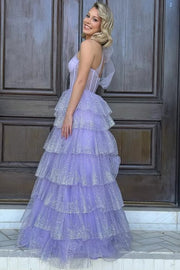 One Shoulder Lilac A-Line Tiered Tulle A-Line Sleeveless Prom Dress