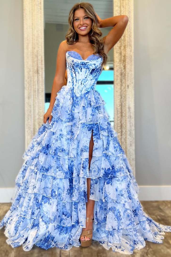 Cute A-Line Strapless Floral Print Tiered Chiffon Prom Dress with Slit