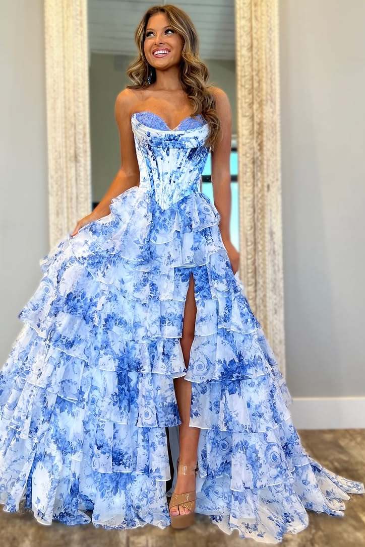 Cute A-Line Strapless Floral Print Tiered Chiffon Prom Dress with Slit