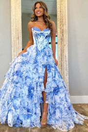 Cute A-Line Strapless Floral Print Tiered Chiffon Prom Dress with Slit
