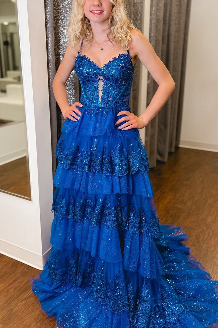 Royal Blue Spaghetti Straps Tiered A-Line Long Prom Dress with Train