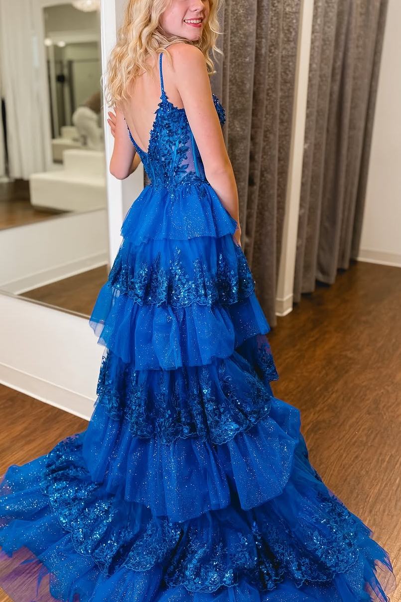 Royal Blue Spaghetti Straps Tiered A-Line Long Prom Dress with Train Modsele Royal Blue Spaghetti Straps Tiered A-Line Long Prom Dress with Train Modsele