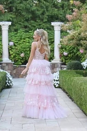 Royal Blue Spaghetti Straps Tiered A-Line Long Prom Dress with Train