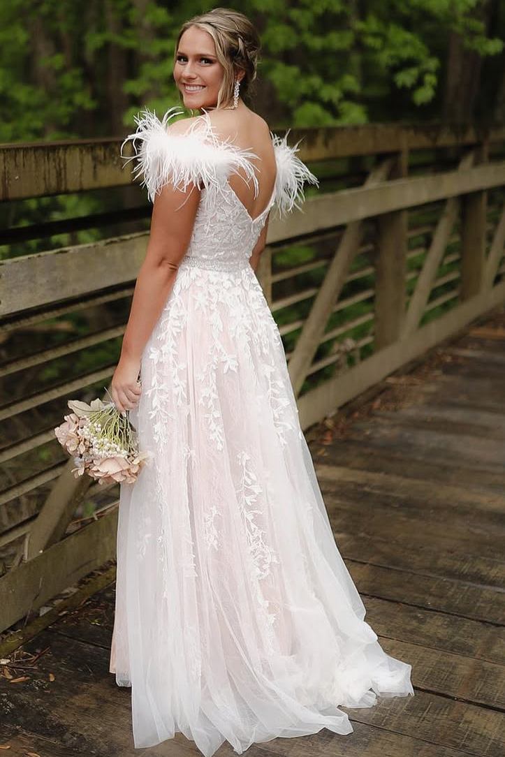 White Off-Shoulder V-Neck Lace Appliques A-Line Prom Dress with Feathe Modsele White Off-Shoulder V-Neck Lace Appliques A-Line Prom Dress with Feathe Modsele