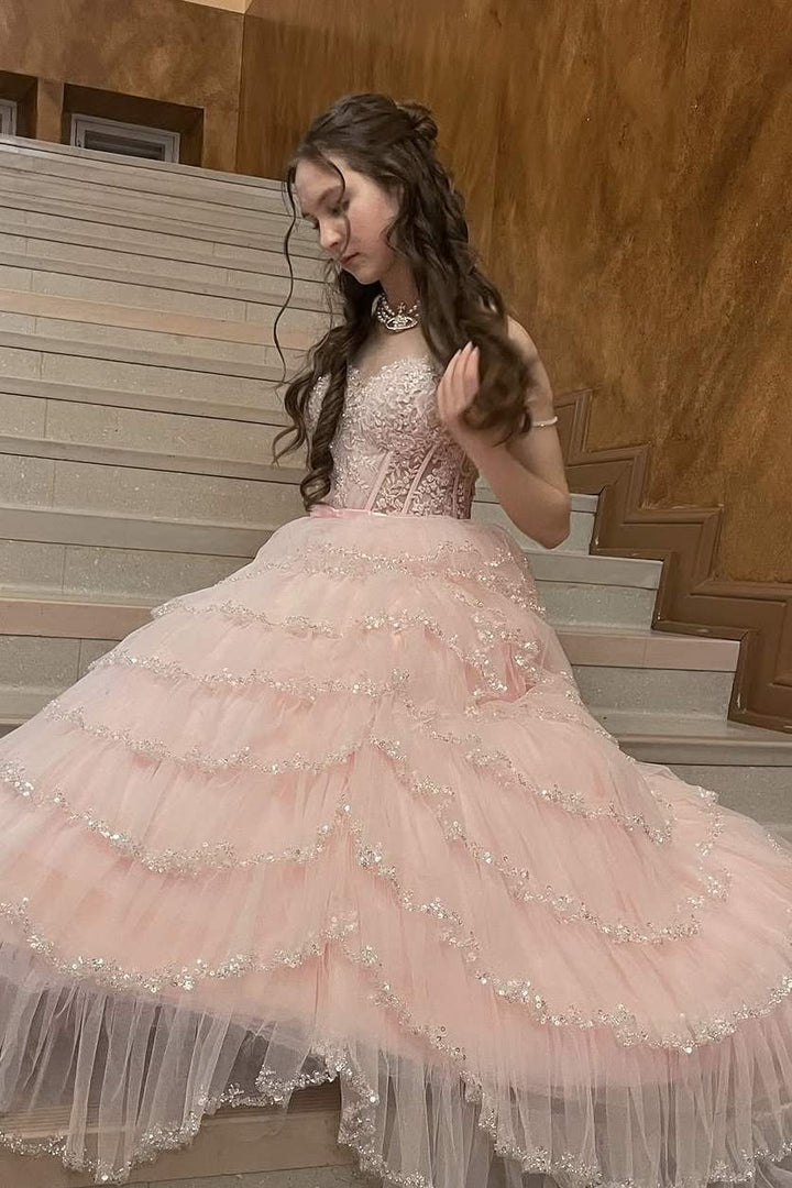 Pink Strapless Sweetheart Ruffles Empire-Waist Long Prom Dress