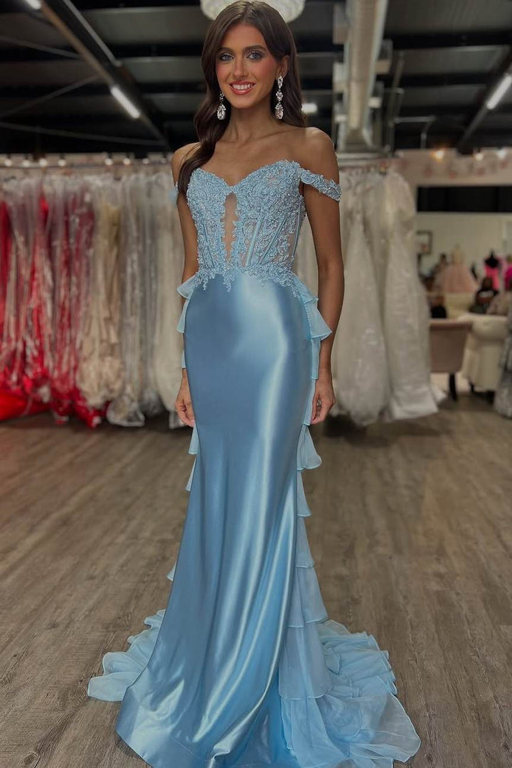 Black Off-Shoulder Ruffles Chiffon Mermaid Long Prom Dress