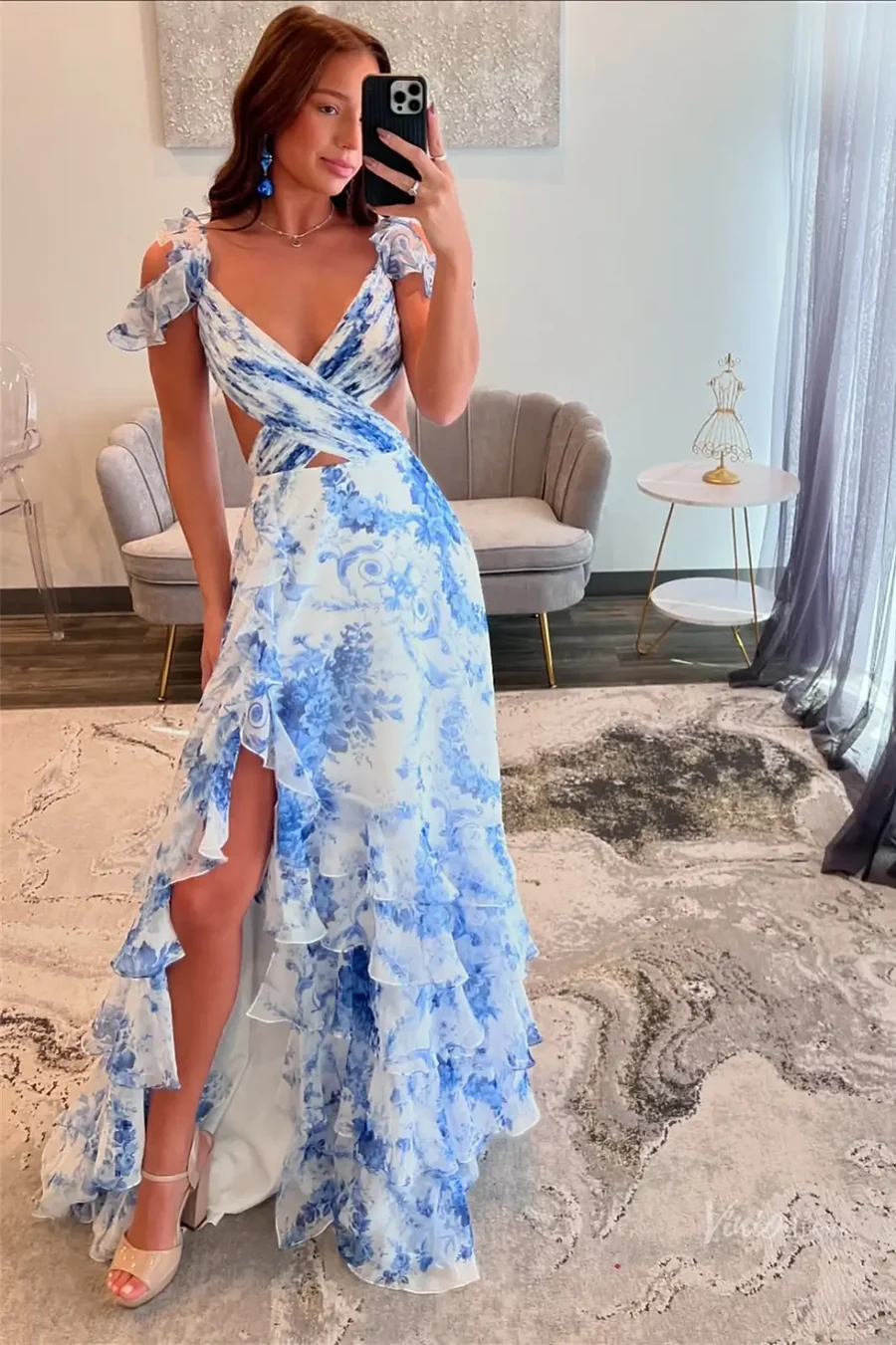 A-Line V-Neck Floral Print Side Slit Ruffles Chiffon Long Prom Dress