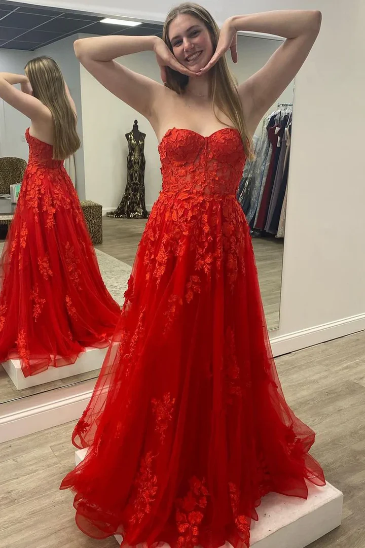 Red Strapless A-Line Sweetheart Appliques Empire-Waist Prom Dress