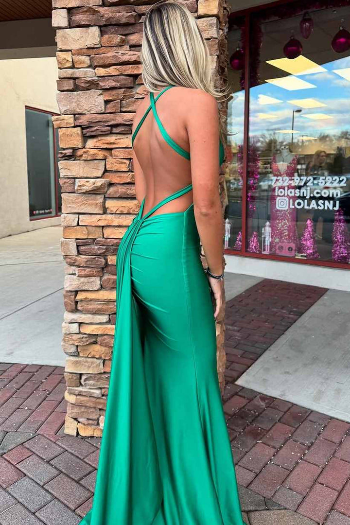 Red V-Neck Satin Mermaid Sleeveless Pleated Long Formal Prom Dress