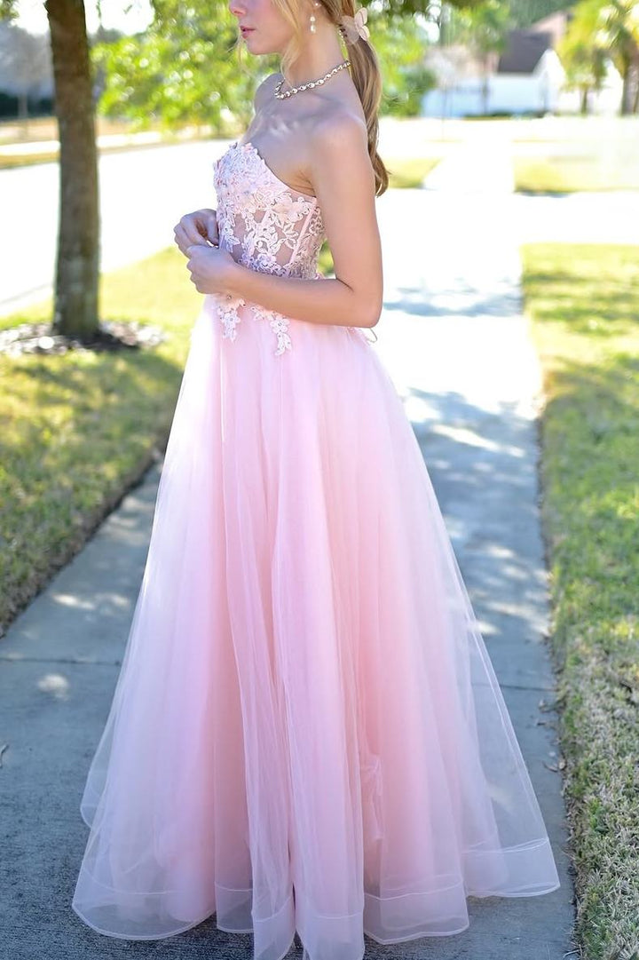 Pink Strapless Sweetheart Appliques A-Line Sleeveless Prom Dress