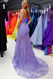 Spaghetti Straps Sweetheart Lace Appliques Mermaid Prom Dress with Slit