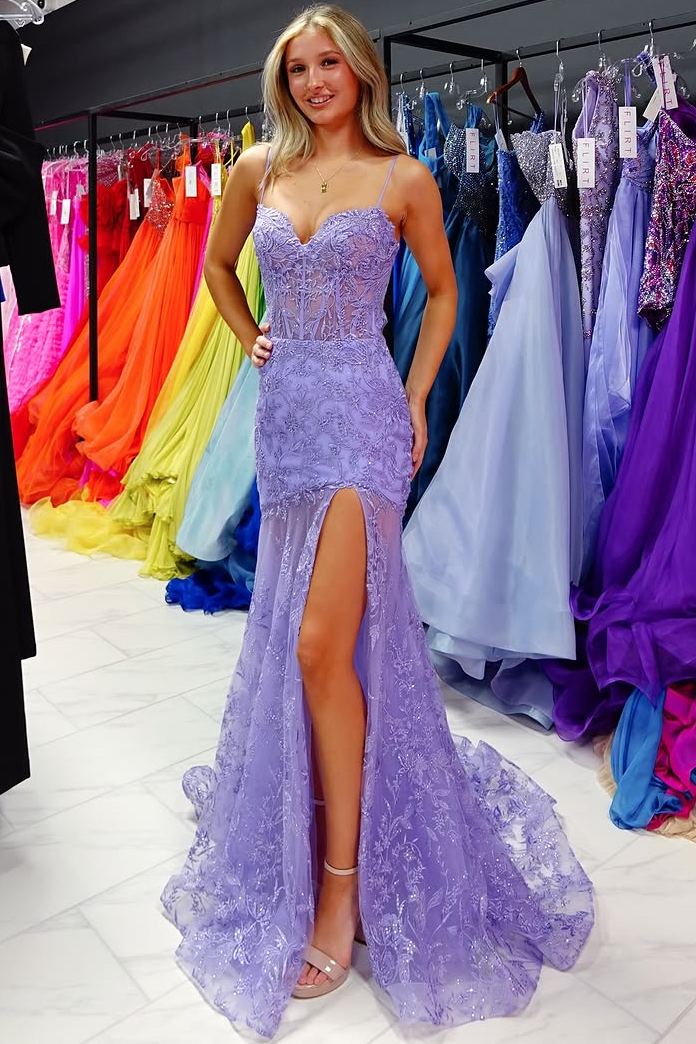 Spaghetti Straps Sweetheart Lace Appliques Mermaid Prom Dress with Slit