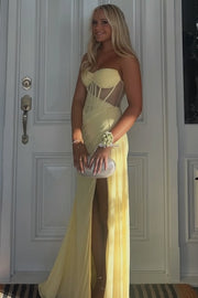 Yellow Strapless V-Neck Pleated High Slit Sleeveless Prom Dress