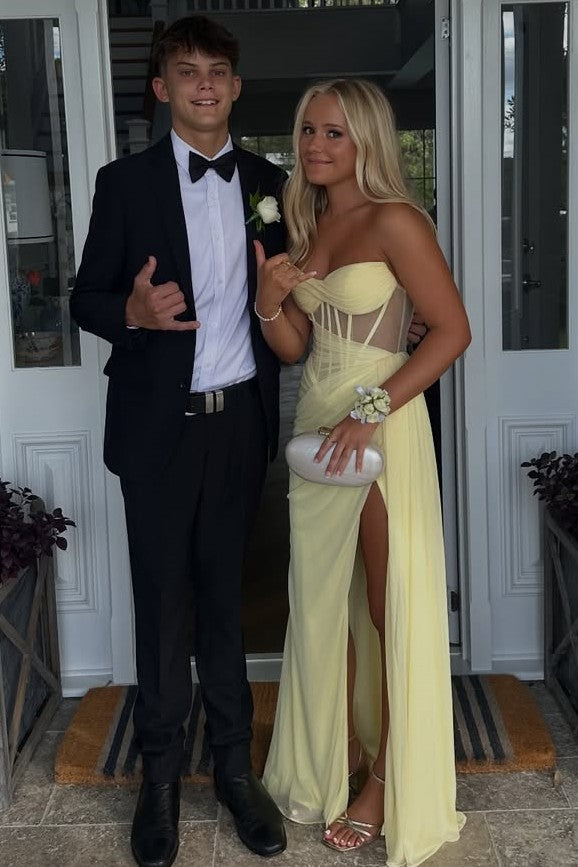 Yellow Strapless V-Neck Pleated High Slit Sleeveless Prom Dress