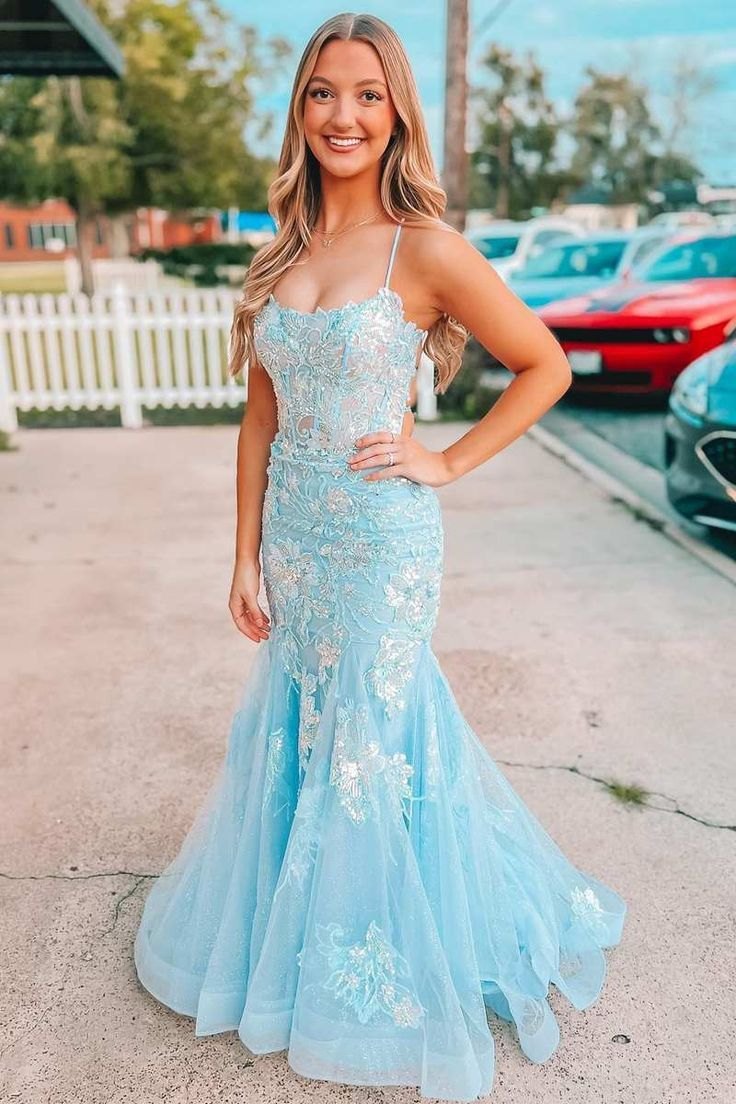 Blue Spaghetti Straps Lace Appliques Mermaid Long Prom Dress – Modsele