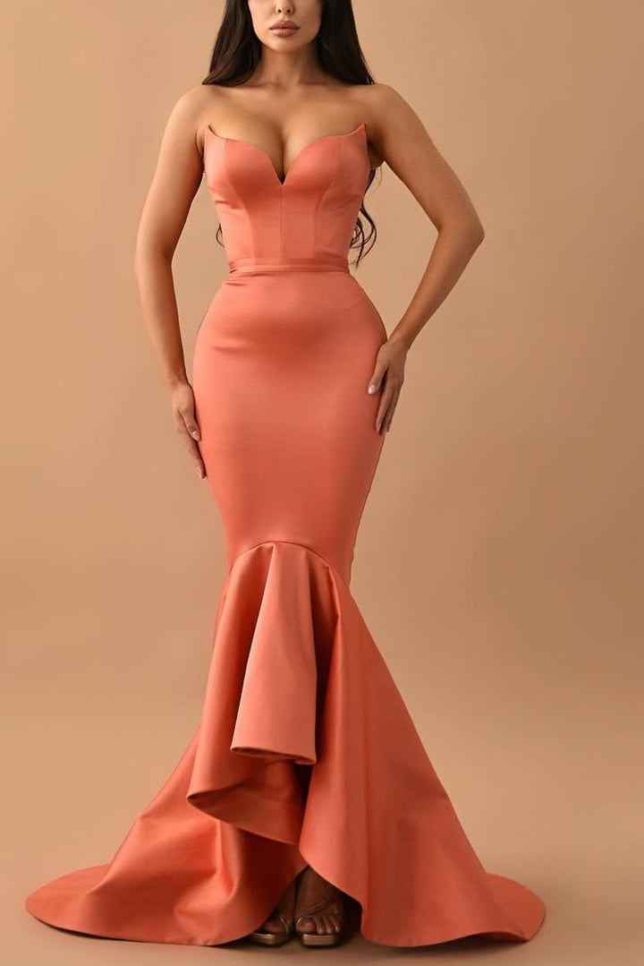 Strapless V-Neck Sleeveless Satin Mermaid Pleated Long Prom Dress