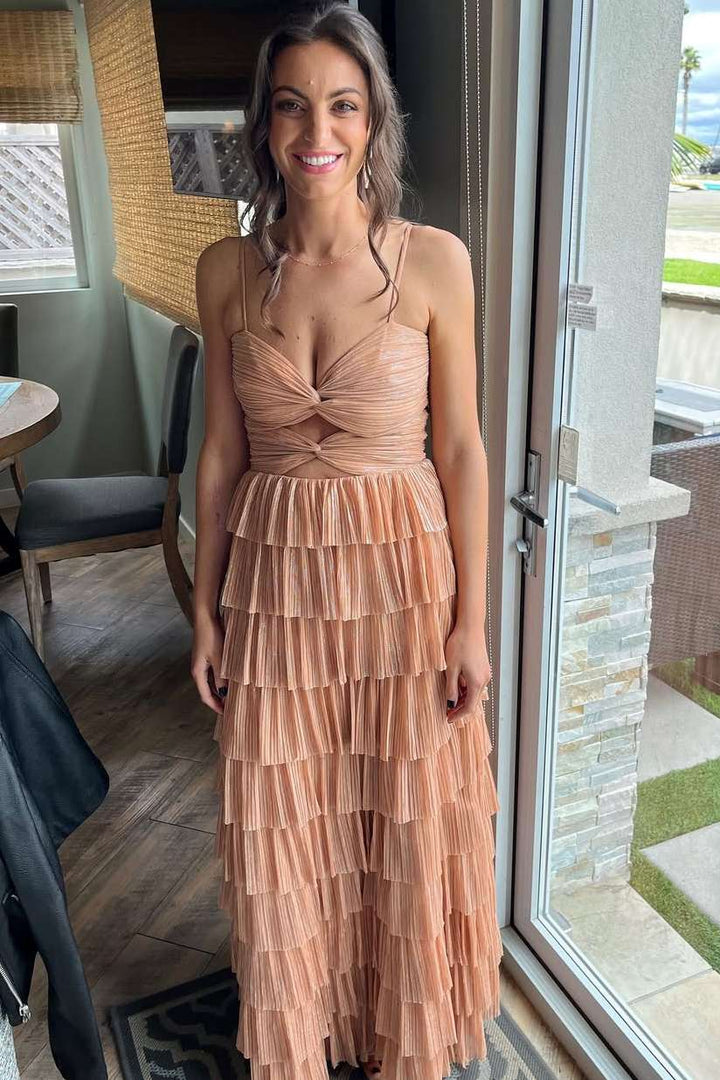 Spaghetti Straps Keyhole Tiered Sleeveless Formal Prom Dress