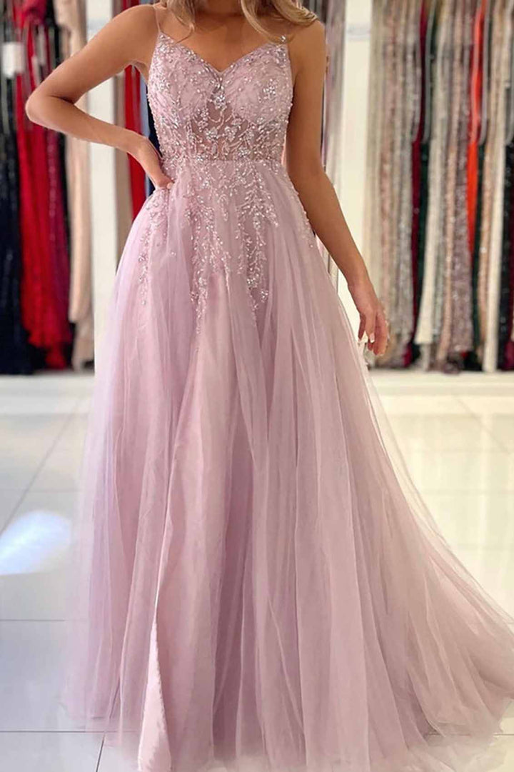 A-Line Spaghetti Straps V-Neck Appliques Tulle Prom Dress with Slit