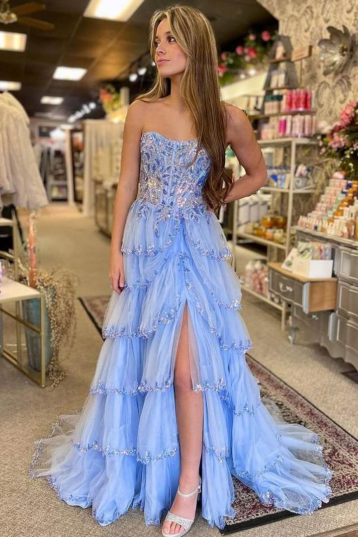 empire waist prom dresses Stunning Strapless A-Line Empire-Waist Layered Appliques Prom Dress wi –  Modsele
