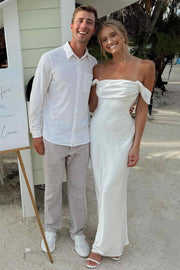 Classy Pink Off-Shoulder Satin Pleats Sheath Long Prom Formal Dress