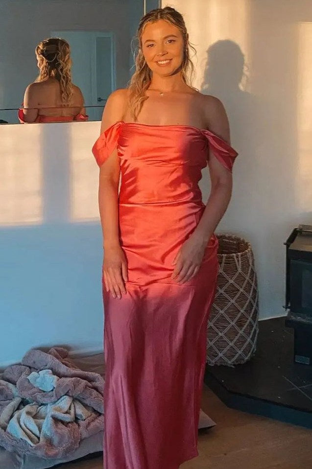 Classy Pink Off-Shoulder Satin Pleats Sheath Long Prom Formal Dress