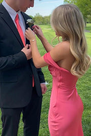 Classy Pink Off-Shoulder Satin Pleats Sheath Long Prom Formal Dress