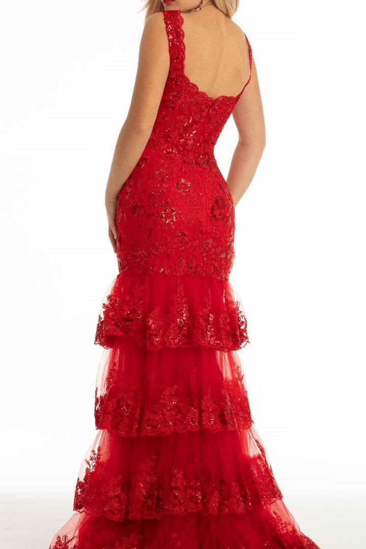 Red Straps A-Line Tiered Sweetheart Appliques Prom Dress with Slit