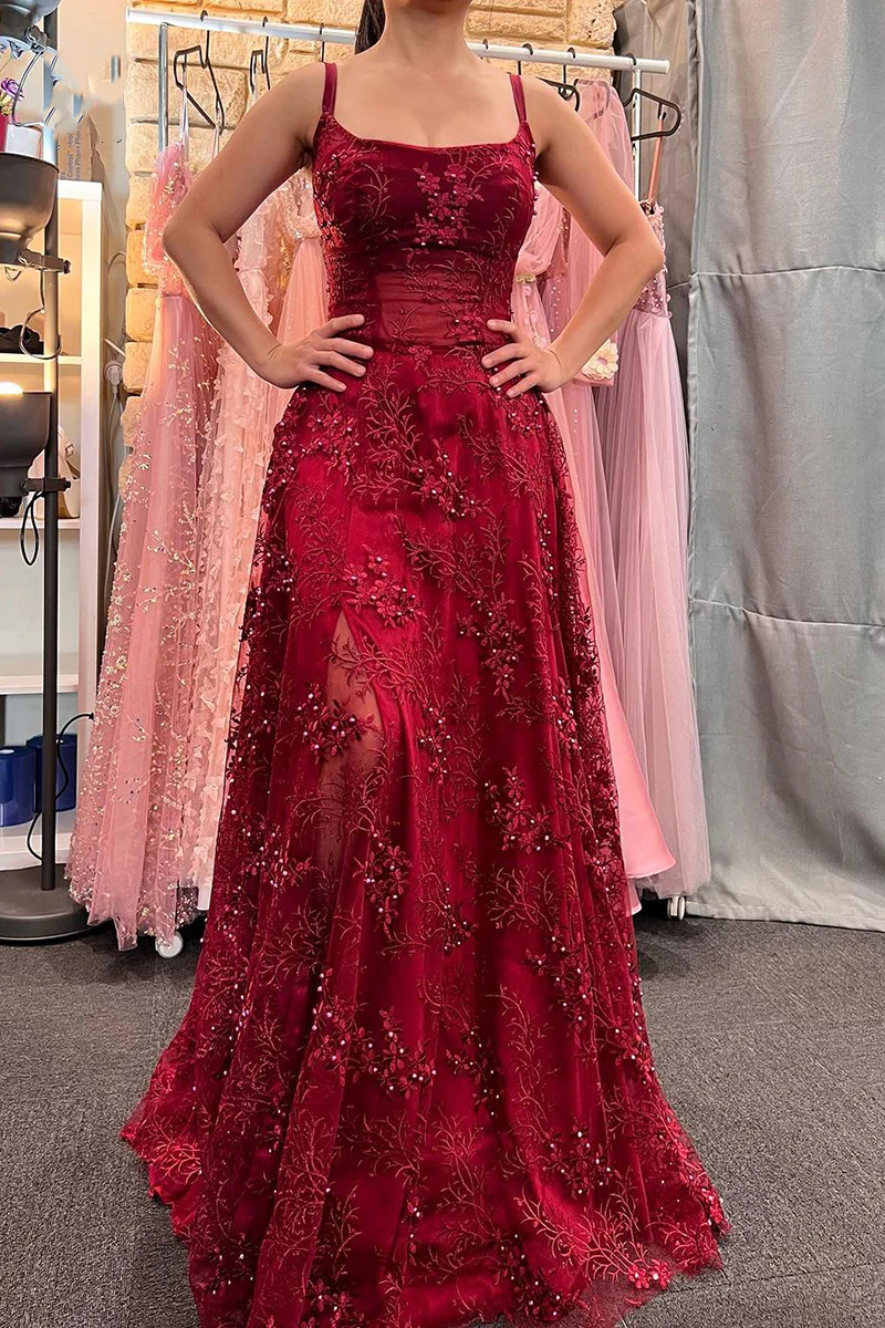 Burgundy A-Line Empire-Waist Appliques Beads Prom Dress with Slit – Modsele