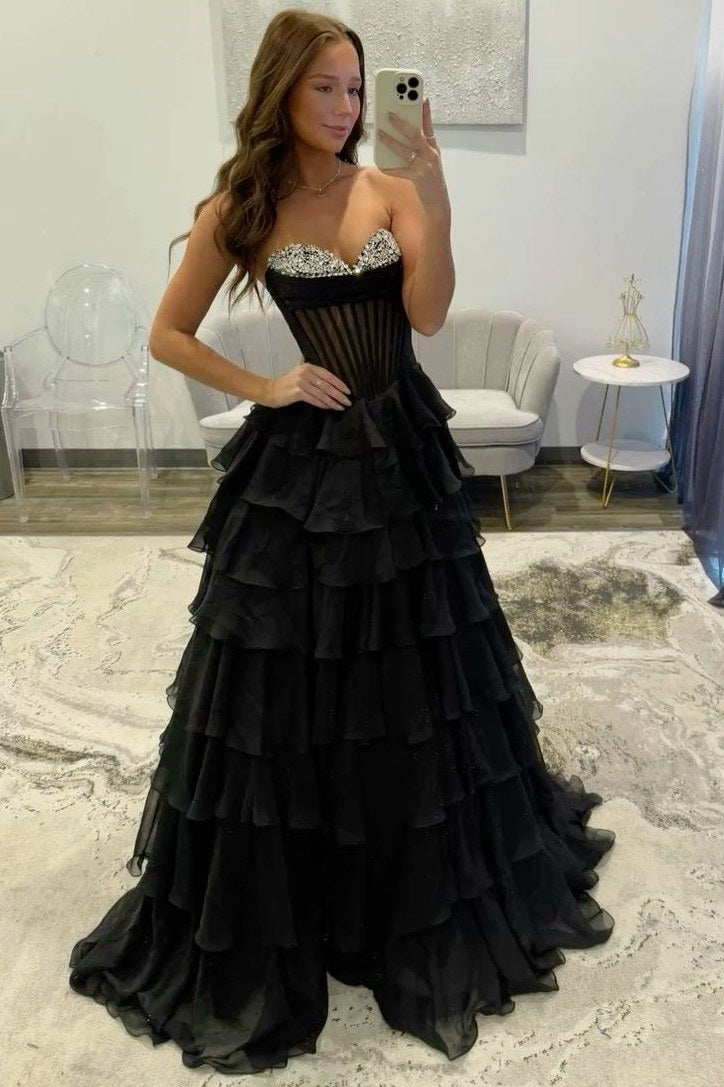 A-Line Strapless Beads V-Neck Tiered Chiffon Sleeveless Prom Dress with Slit