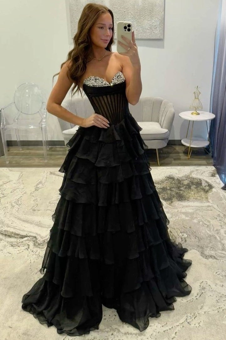 A-Line Strapless Beads V-Neck Tiered Chiffon Sleeveless Prom Dress with Slit