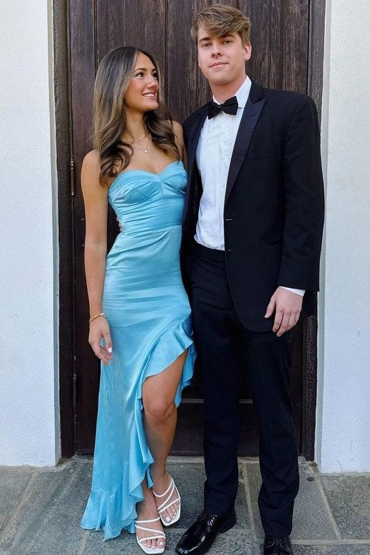 Green Strapless Ruffles Side Slit Satin Formal Prom Dress