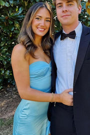 Green Strapless Ruffles Side Slit Satin Formal Prom Dress