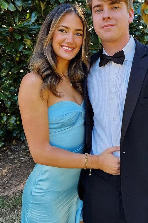 Green Strapless Ruffles Side Slit Satin Formal Prom Dress