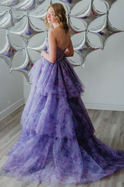 Stunning Printing A-Line Strapless Beads Ruffles Long Prom Dress