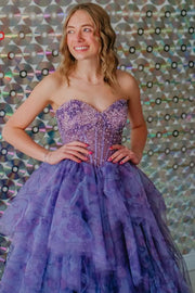 Stunning Printing A-Line Strapless Beads Ruffles Long Prom Dress