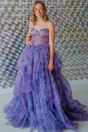 Stunning Printing A-Line Strapless Beads Ruffles Long Prom Dress