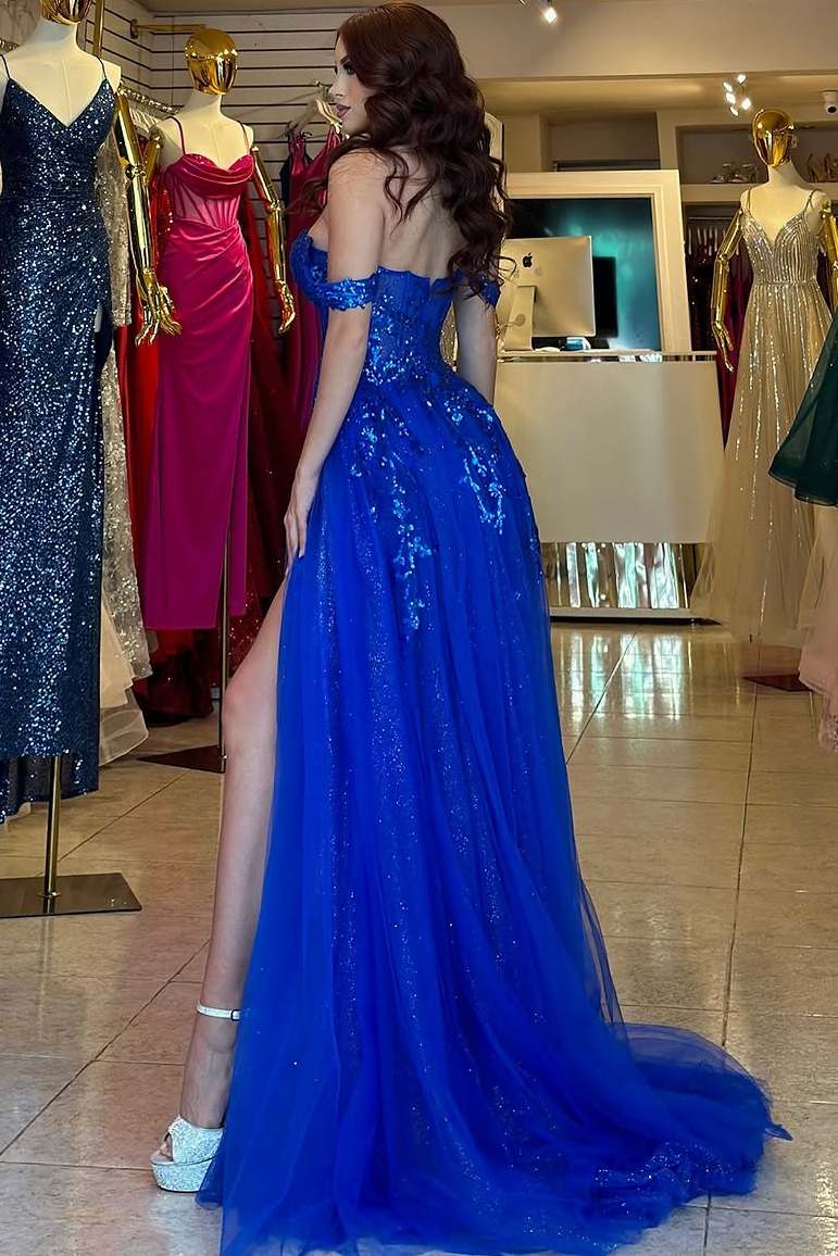 Royal Blue Off-Shoulder A-Line Sequins Appliques Tulle Prom Dress with Modsele Royal Blue Off-Shoulder A-Line Sequins Appliques Tulle Prom Dress with Modsele
