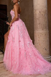 Pink A-Line Strapless Appliques V-Neck Floral Prom Dress with Slit