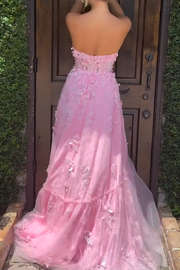 Pink A-Line Strapless Appliques V-Neck Floral Prom Dress with Slit