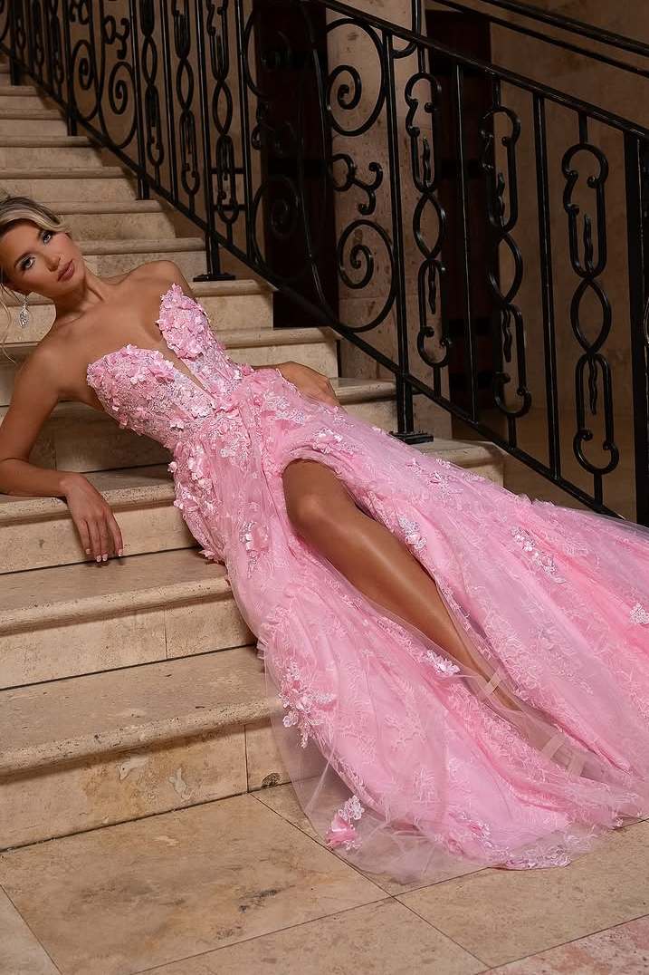 Pink A-Line Strapless Appliques V-Neck Floral Prom Dress with Slit